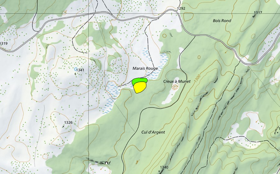 Carte nationale swisstopo avec le périmètre protégé de Marais Rouge (Haut-marais)