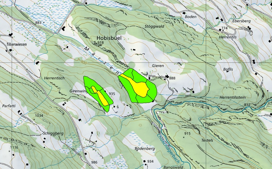 Carte nationale swisstopo avec le périmètre protégé de Märzental (Haut-marais)