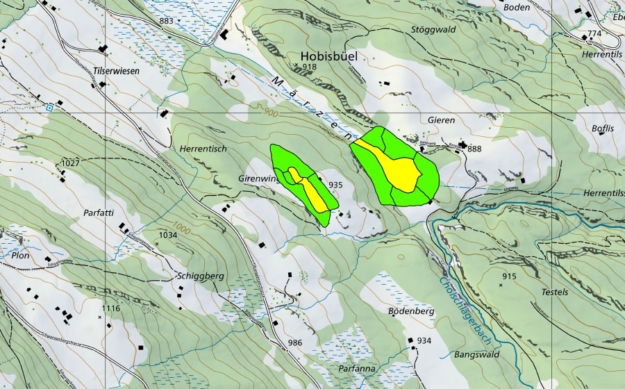 swisstopo national map showing the protected perimeter of Märzental (Raised bog)
