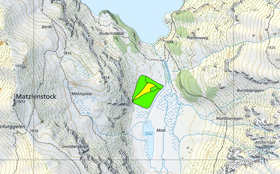 swisstopo national map showing the protected perimeter of Matt oberhalb Stausee Garichti (Raised bog)
