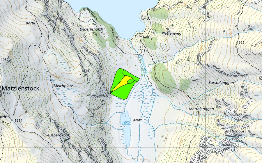 swisstopo national map showing the protected perimeter of Matt oberhalb Stausee Garichti (Raised bog)