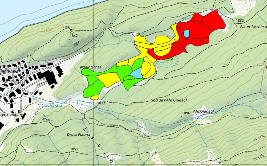 Landeskarte swisstopo mit dem Schutzperimeter von Mauntschas (Hochmoor)