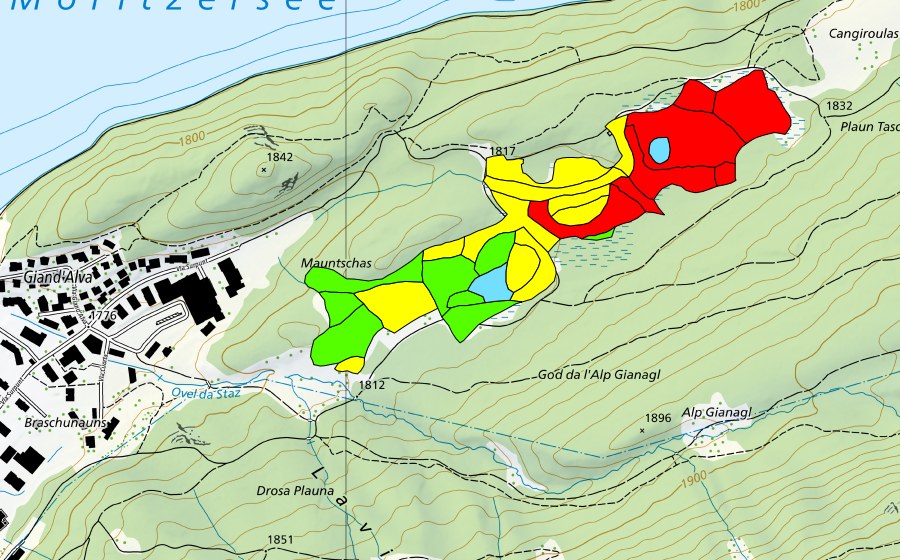 Landeskarte swisstopo mit dem Schutzperimeter von Mauntschas (Hochmoor)