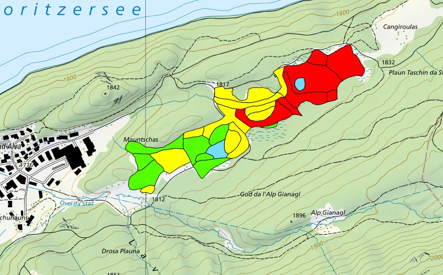 Carte nationale swisstopo avec le périmètre protégé de Mauntschas (Haut-marais)