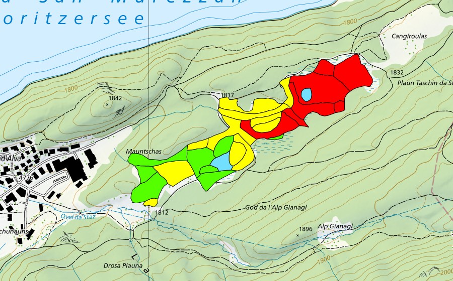 swisstopo national map showing the protected perimeter of Mauntschas (Raised bog)