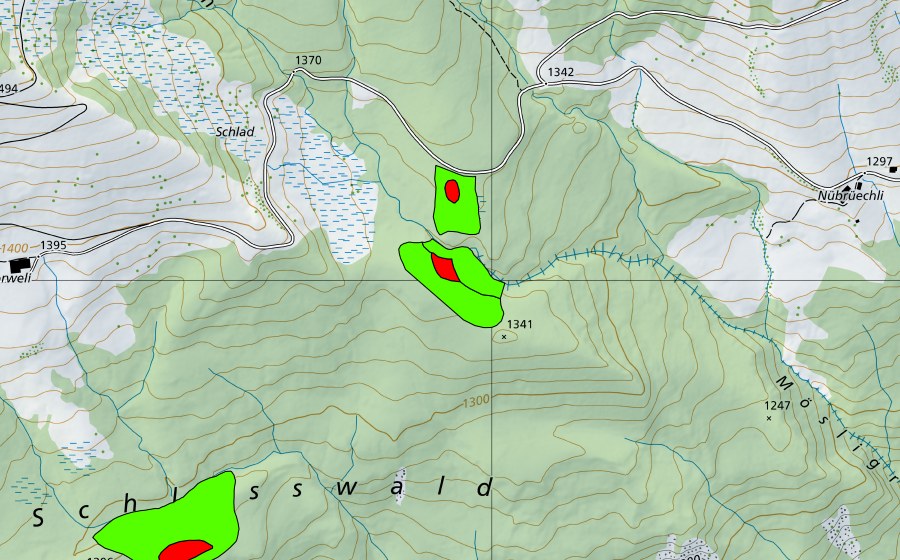Carte nationale swisstopo avec le périmètre protégé de Meiengraben (Haut-marais)