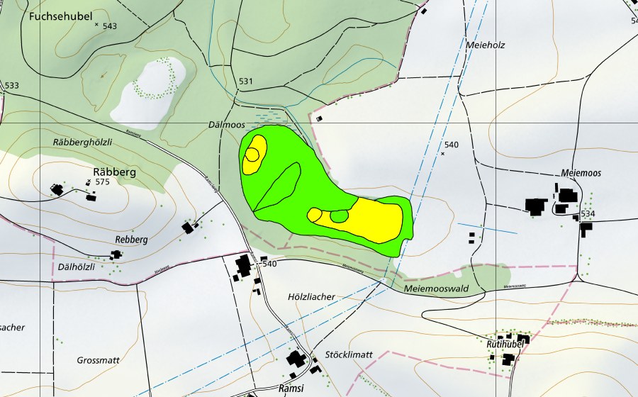Carte nationale swisstopo avec le périmètre protégé de Meienmoos (Haut-marais)