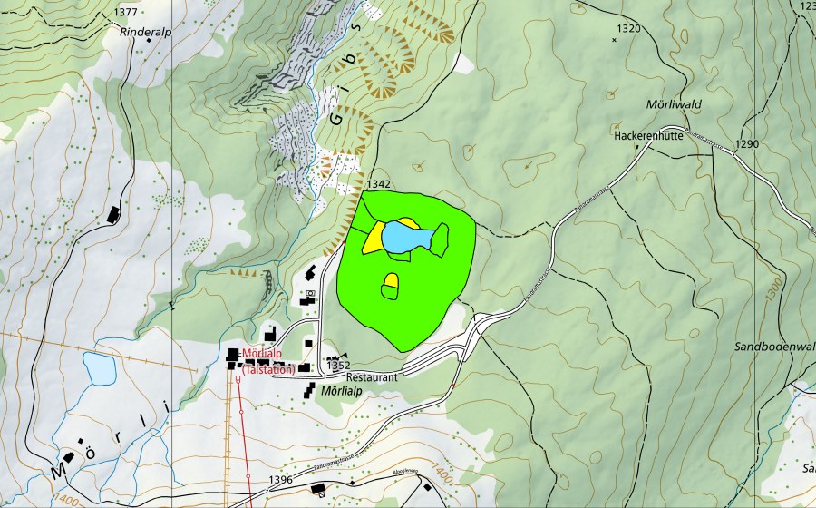 Landeskarte swisstopo mit dem Schutzperimeter von Merliwald (Hochmoor)