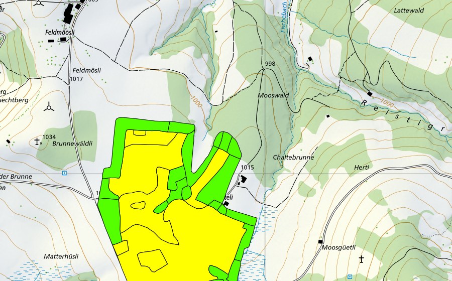 Carte nationale swisstopo avec le périmètre protégé de Mettilimoos (Haut-marais)