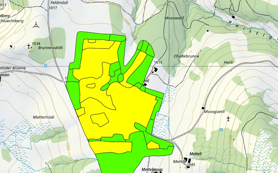 Carte nationale swisstopo avec le périmètre protégé de Mettilimoos (Haut-marais)