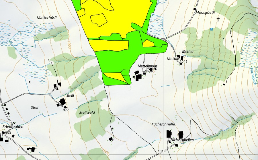 Carte nationale swisstopo avec le périmètre protégé de Mettilimoos (Haut-marais)