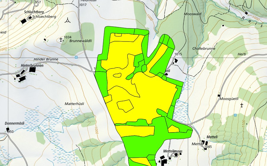 swisstopo national map showing the protected perimeter of Mettilimoos (Raised bog)