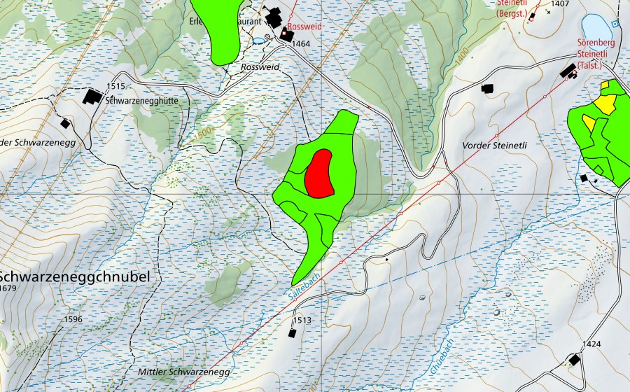 Carte nationale swisstopo avec le périmètre protégé de Mittlerschwarzenegg (Haut-marais)
