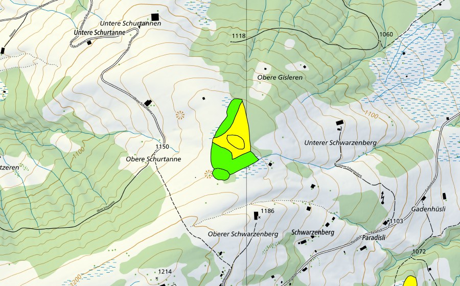 Landeskarte swisstopo mit dem Schutzperimeter von Moor auf dem Schwarzenberg (Hochmoor)