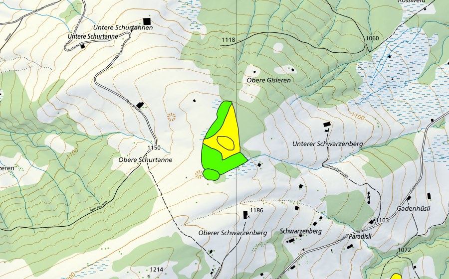 swisstopo national map showing the protected perimeter of Moor auf dem Schwarzenberg (Raised bog)