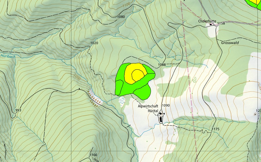 Carte nationale swisstopo avec le périmètre protégé de Moor im Hürital (Haut-marais)