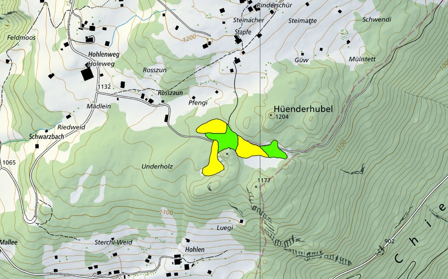 swisstopo national map showing the protected perimeter of Moor im Unterholz/Waldegg (Raised bog)