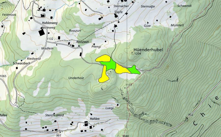swisstopo national map showing the protected perimeter of Moor im Unterholz/Waldegg (Raised bog)