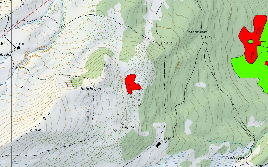 Carte nationale swisstopo avec le périmètre protégé de Moor nordöstlich Hohchräjen (Haut-marais)