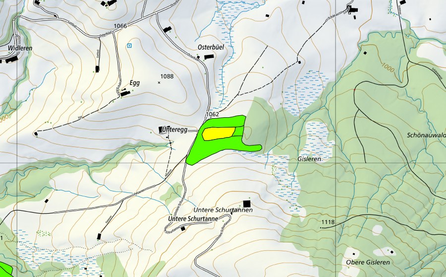 Landeskarte swisstopo mit dem Schutzperimeter von Moor nordwestlich Gisleren/Schönauwald (Hochmoor)