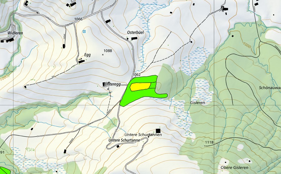 Carta nazionale swisstopo con il perimetro protetto di Moor nordwestlich Gisleren/Schönauwald (Torbiera alta)