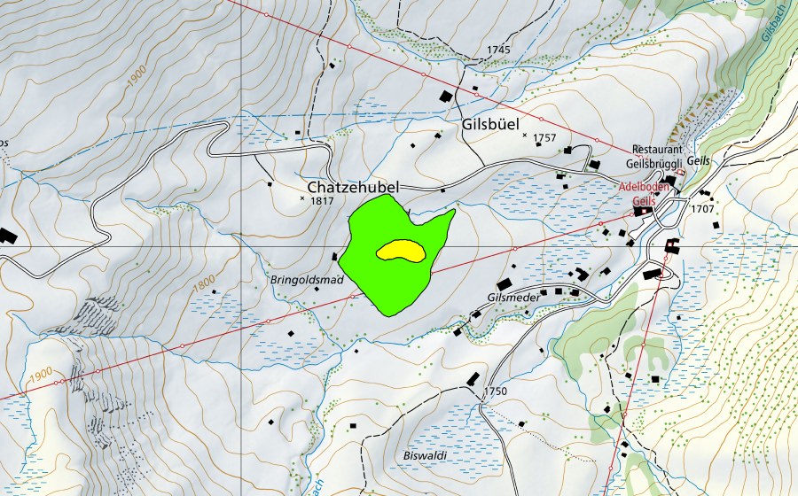 Carta nazionale swisstopo con il perimetro protetto di Moor oberhalb Geilsbüel (Hahnenmoospass) (Torbiera alta)