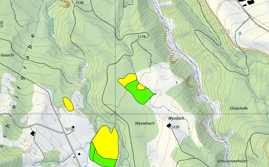 Carte nationale swisstopo avec le périmètre protégé de Moor östlich Wissenbach/Gurnigel (Haut-marais)