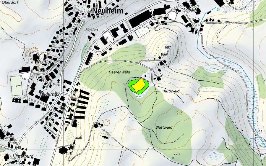 swisstopo national map showing the protected perimeter of Moor zwischen Büel und Blattwald (Raised bog)