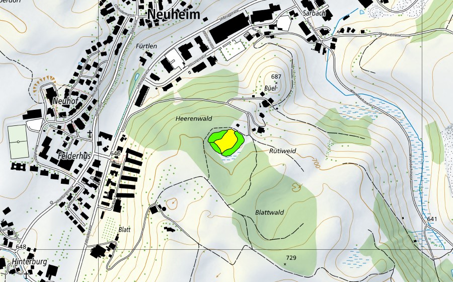 Landeskarte swisstopo mit dem Schutzperimeter von Moor zwischen Büel und Blattwald (Hochmoor)
