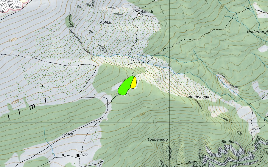 Carte nationale swisstopo avec le périmètre protégé de Moor zwischen Flösch und Hälibach (Haut-marais)