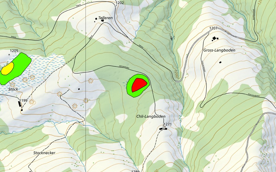 Carte nationale swisstopo avec le périmètre protégé de Moor zwischen Telleren und Chli Langboden (Haut-marais)