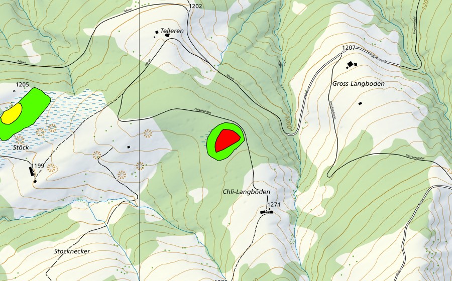 Landeskarte swisstopo mit dem Schutzperimeter von Moor zwischen Telleren und Chli Langboden (Hochmoor)