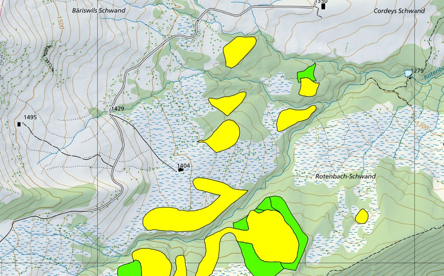 Landeskarte swisstopo mit dem Schutzperimeter von Moore am Schwyberg (Einzugsgebiet des Rotenbaches) (Hochmoor)