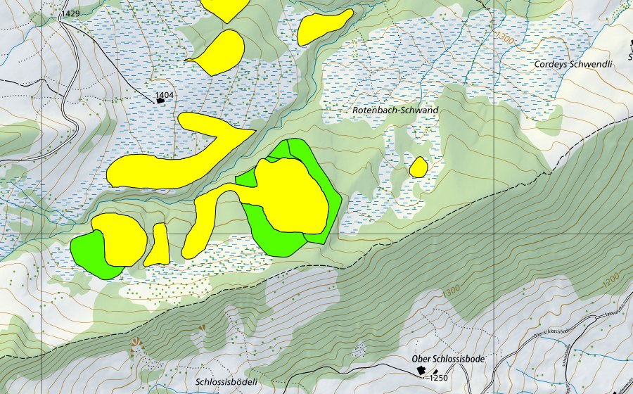 Carte nationale swisstopo avec le périmètre protégé de Moore am Schwyberg (Einzugsgebiet des Rotenbaches) (Haut-marais)