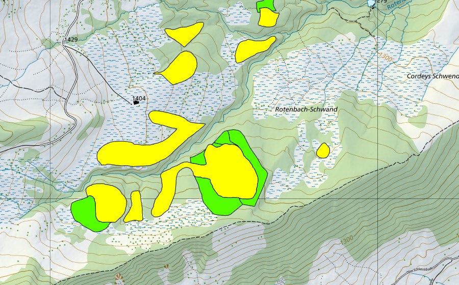swisstopo national map showing the protected perimeter of Moore am Schwyberg (Einzugsgebiet des Rotenbaches) (Raised bog)
