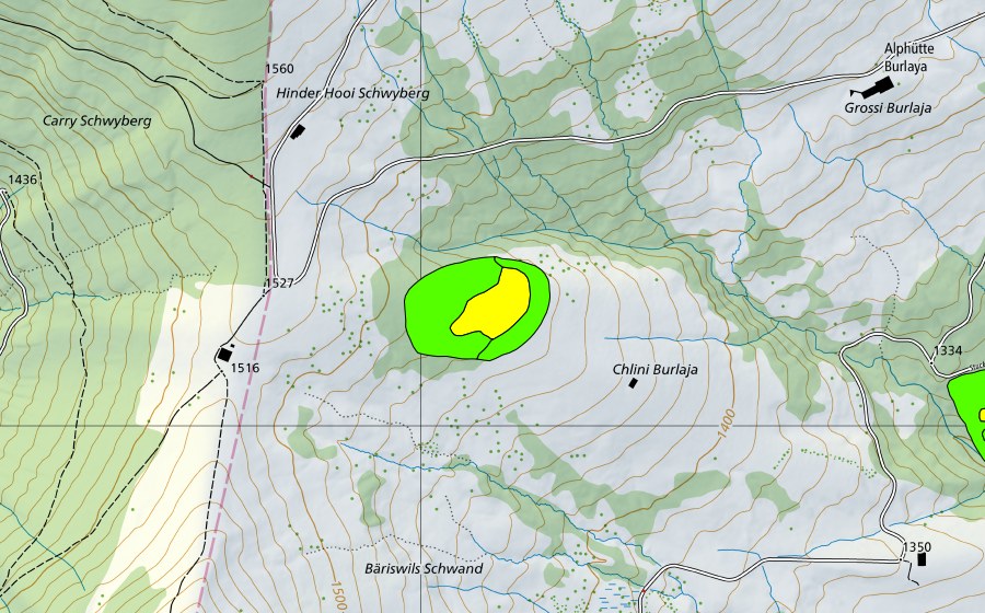 swisstopo national map showing the protected perimeter of Moore am Schwyberg (Einzugsgebiet des Rotenbaches) (Raised bog)