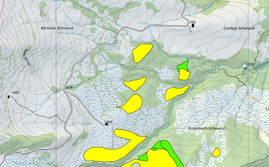 Carte nationale swisstopo avec le périmètre protégé de Moore am Schwyberg (Einzugsgebiet des Rotenbaches) (Haut-marais)