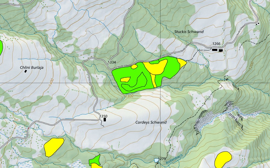 Carte nationale swisstopo avec le périmètre protégé de Moore am Schwyberg (Einzugsgebiet des Rotenbaches) (Haut-marais)