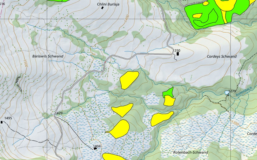 Landeskarte swisstopo mit dem Schutzperimeter von Moore am Schwyberg (Einzugsgebiet des Rotenbaches) (Hochmoor)