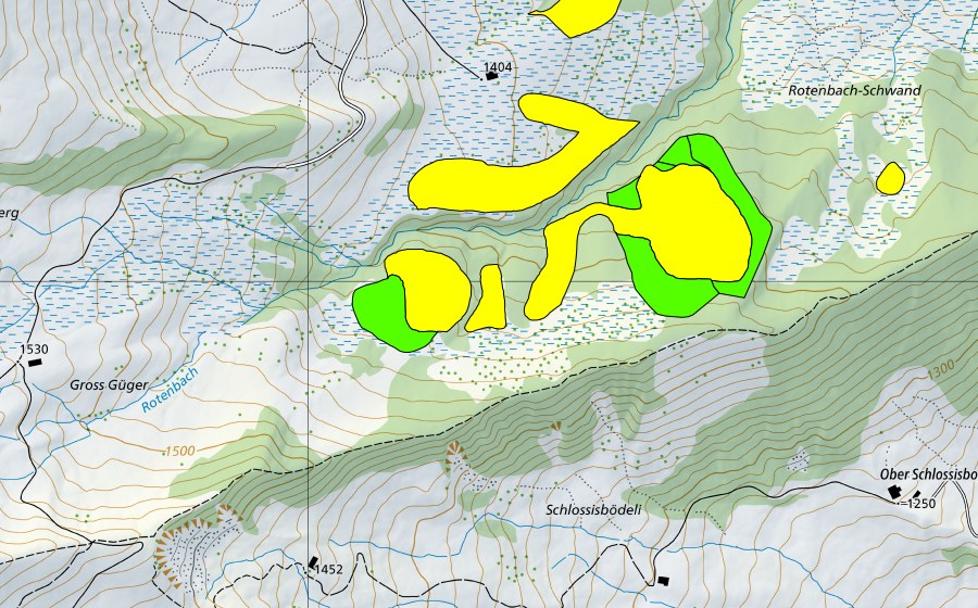 swisstopo national map showing the protected perimeter of Moore am Schwyberg (Einzugsgebiet des Rotenbaches) (Raised bog)
