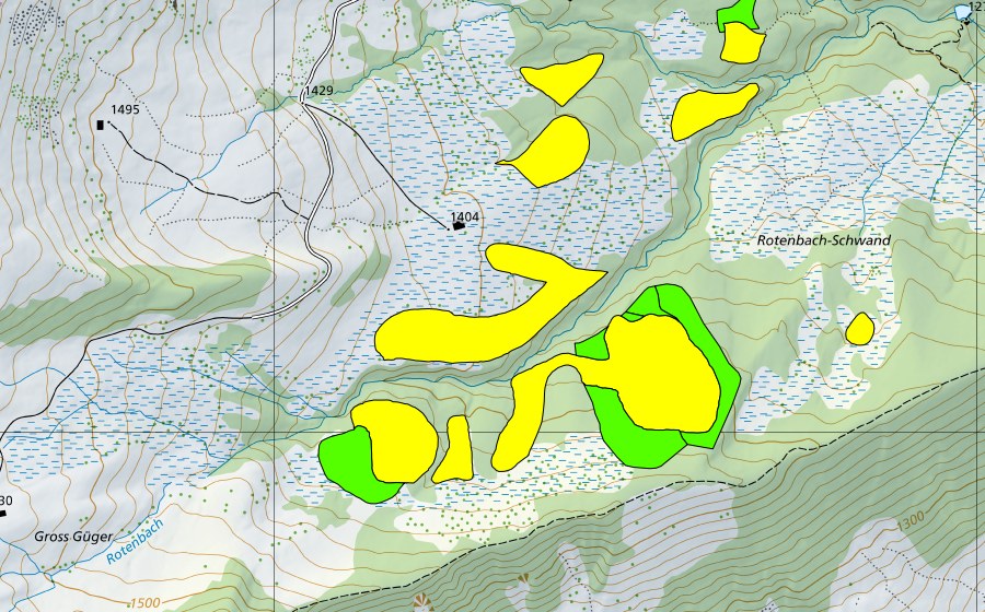 Carte nationale swisstopo avec le périmètre protégé de Moore am Schwyberg (Einzugsgebiet des Rotenbaches) (Haut-marais)