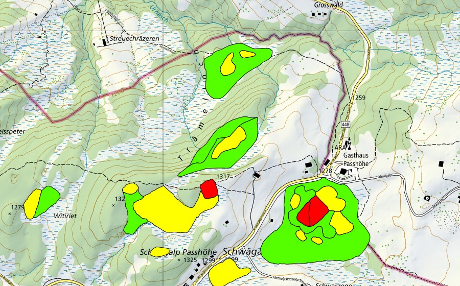 Carte nationale swisstopo avec le périmètre protégé de Moore auf dem Chräzerenpass (Schwarzegg, Lauchriet, Witiriet) (Haut-marais)