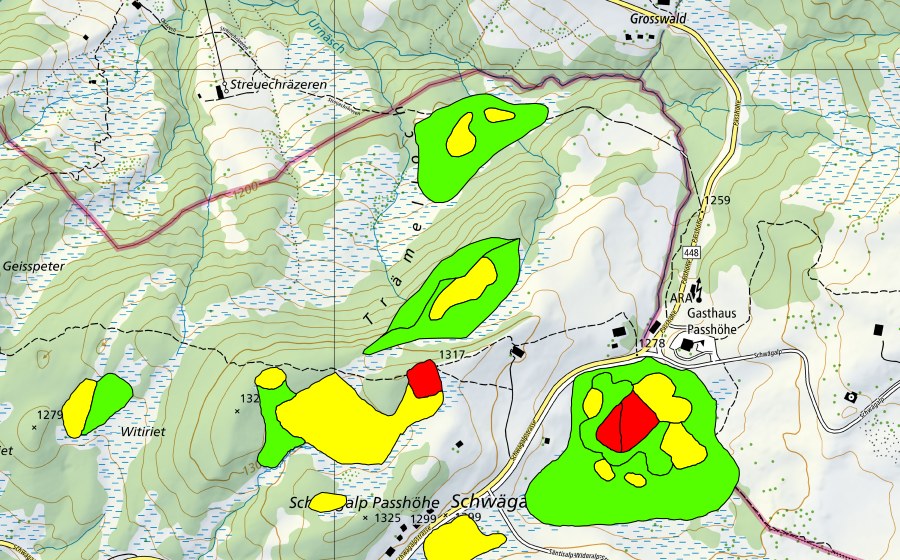 swisstopo national map showing the protected perimeter of Moore auf dem Chräzerenpass (Schwarzegg, Lauchriet, Witiriet) (Raised bog)