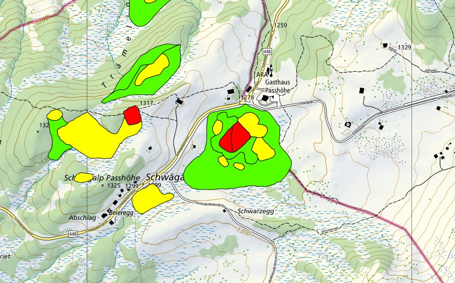 Landeskarte swisstopo mit dem Schutzperimeter von Moore auf dem Chräzerenpass (Schwarzegg, Lauchriet, Witiriet) (Hochmoor)