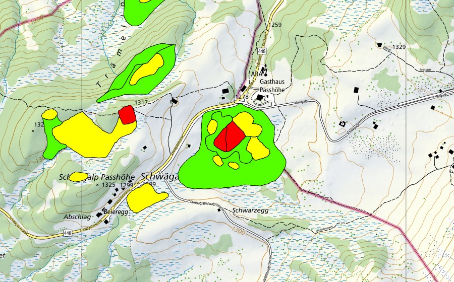 swisstopo national map showing the protected perimeter of Moore auf dem Chräzerenpass (Schwarzegg, Lauchriet, Witiriet) (Raised bog)