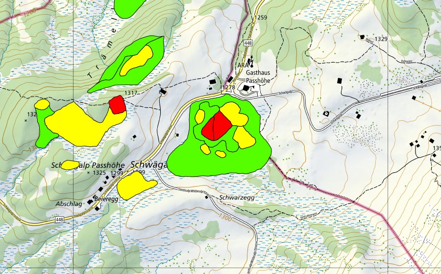Landeskarte swisstopo mit dem Schutzperimeter von Moore auf dem Chräzerenpass (Schwarzegg, Lauchriet, Witiriet) (Hochmoor)