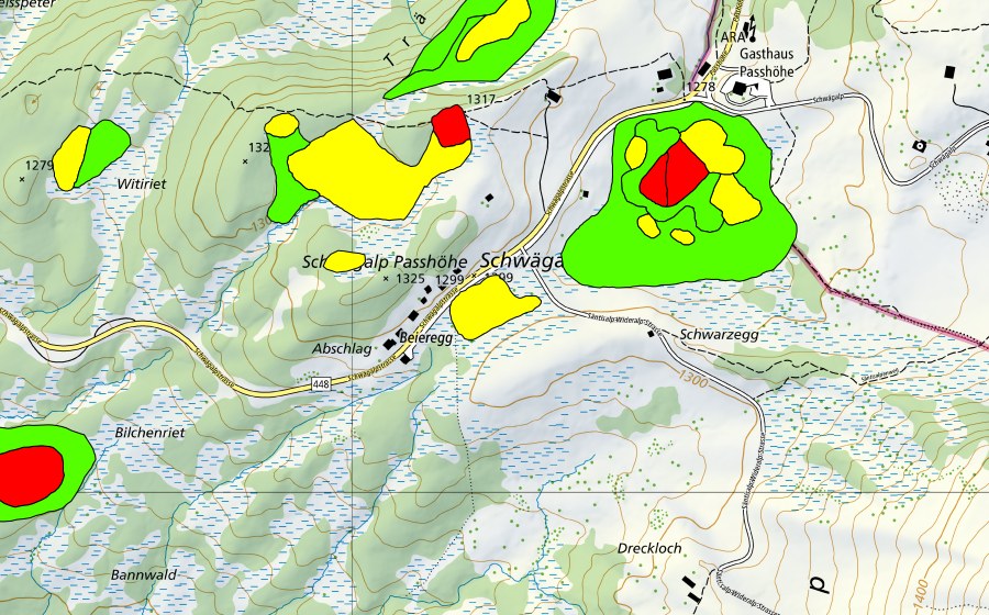swisstopo national map showing the protected perimeter of Moore auf dem Chräzerenpass (Schwarzegg, Lauchriet, Witiriet) (Raised bog)