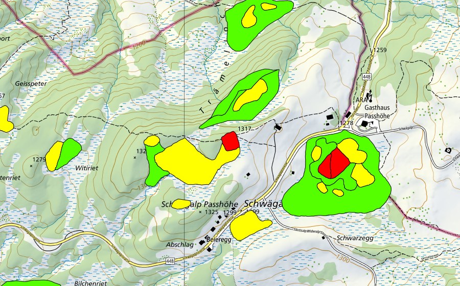 Carte nationale swisstopo avec le périmètre protégé de Moore auf dem Chräzerenpass (Schwarzegg, Lauchriet, Witiriet) (Haut-marais)
