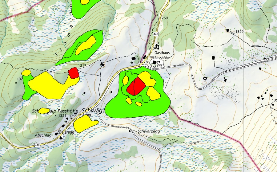 Landeskarte swisstopo mit dem Schutzperimeter von Moore auf dem Chräzerenpass (Schwarzegg, Lauchriet, Witiriet) (Hochmoor)