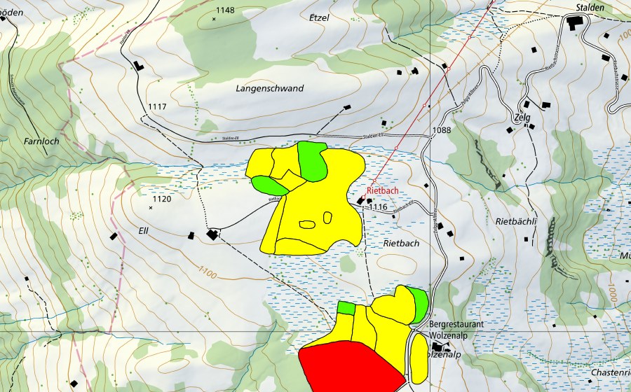 swisstopo national map showing the protected perimeter of Moore auf der Wolzenalp (Hännis/Allmen/Rietbach) (Raised bog)